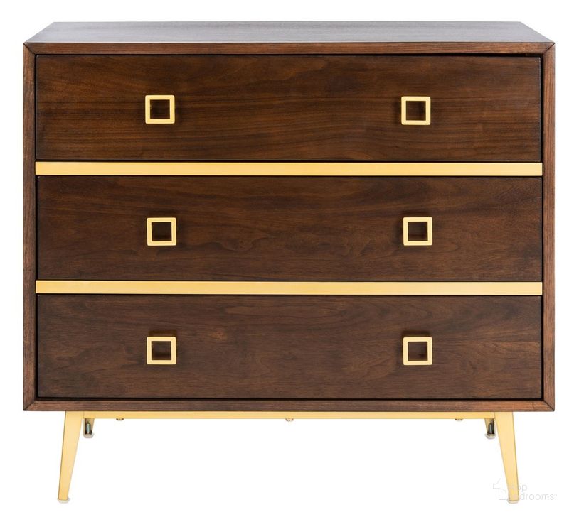 The appearance of Katia Walnut and Gold 3 Drawer Chest designed by Safavieh in the modern / contemporary interior design. This walnut piece of furniture  was selected by 1StopBedrooms from Katia Collection to add a touch of cosiness and style into your home. Sku: CHS6413D. Material: Metal. Product Type: Chest. Image1
