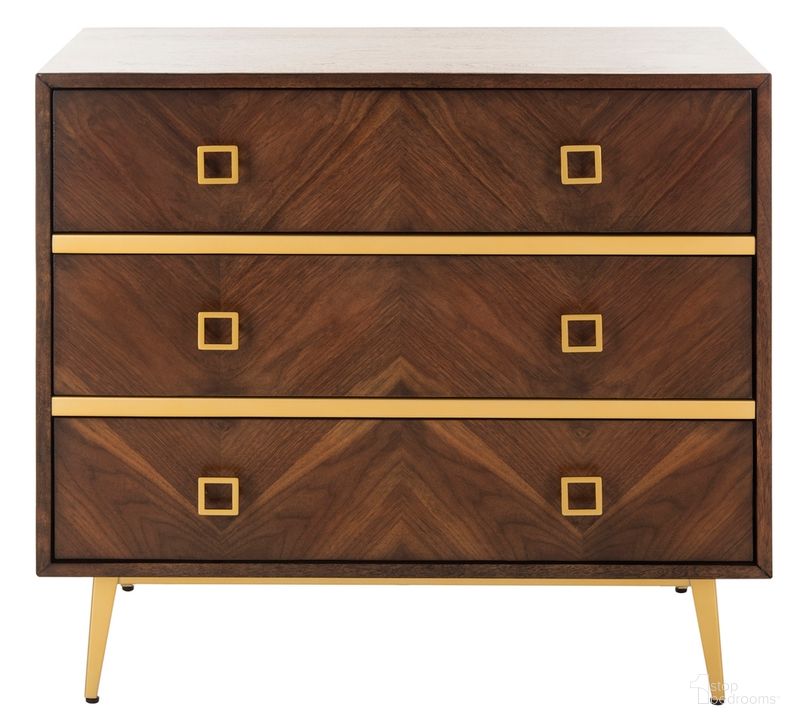 The appearance of Katia Walnut/Gold 3 Drawer Chest designed by Safavieh in the modern / contemporary interior design. This dark walnut piece of furniture  was selected by 1StopBedrooms from Katia Collection to add a touch of cosiness and style into your home. Sku: CHS6413B. Material: Metal. Product Type: Chest. Image1