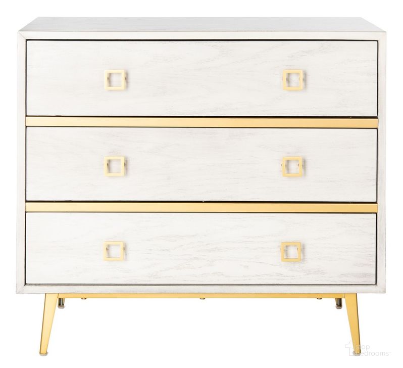 The appearance of Katia White Wash and Gold 3 Drawer Chest designed by Safavieh in the modern / contemporary interior design. This gold and white piece of furniture  was selected by 1StopBedrooms from Katia Collection to add a touch of cosiness and style into your home. Sku: CHS6413C. Material: Metal. Product Type: Chest. Image1