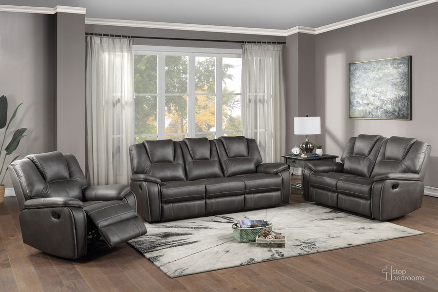 The appearance of Katrine Charcoal Reclining Sofa, Loveseat And Chair Set designed by Steve Silver in the transitional interior design. This charcoal piece of furniture  was selected by 1StopBedrooms from Katrine Collection to add a touch of cosiness and style into your home. Sku: KT800SC;KT800LC;KT800CC. Product Type: Living Room Set. Image1