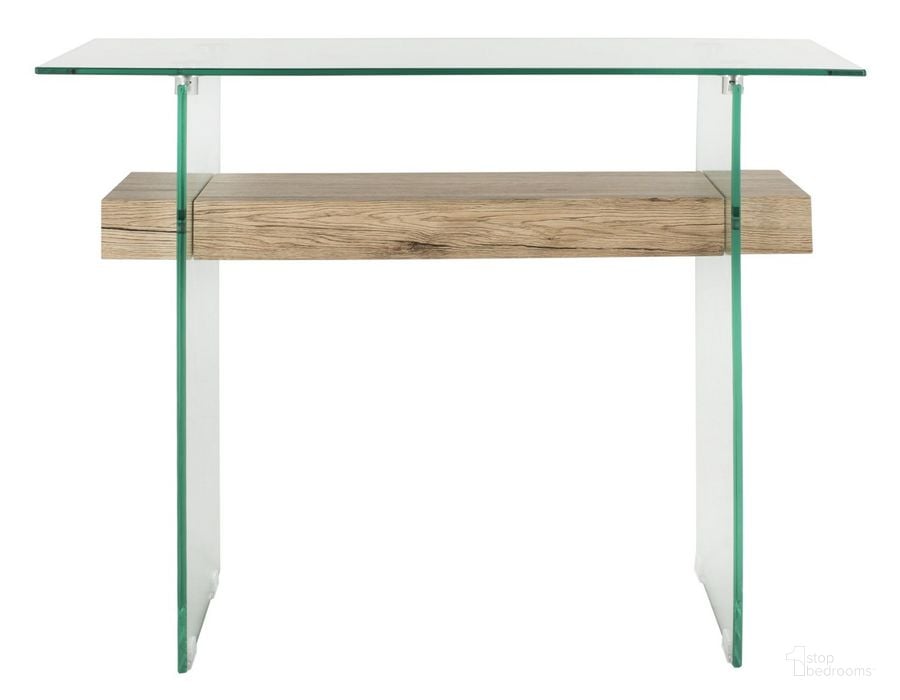 The appearance of Kayley Clear and Natural Rectangular Modern Glass Console Table designed by Safavieh in the modern / contemporary interior design. This glass piece of furniture  was selected by 1StopBedrooms from Kayley Collection to add a touch of cosiness and style into your home. Sku: CNS7001A. Product Type: Console. Material: MDF. Image1