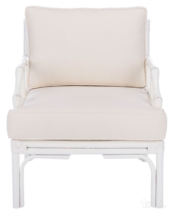 The appearance of Kazumi Accent Chair with Cushion in White designed by Safavieh in the modern / contemporary interior design. This white piece of furniture  was selected by 1StopBedrooms from Kazumi Collection to add a touch of cosiness and style into your home. Sku: ACH6508A. Product Type: Accent Chair. Material: Rattan. Image1