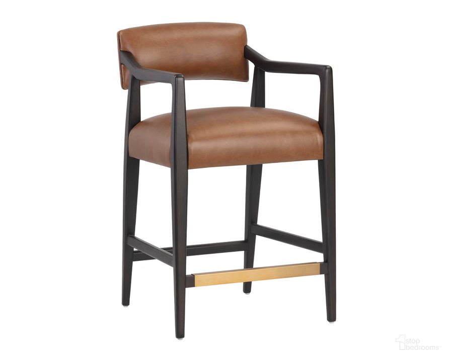 The appearance of Keagan Counter Stool In Brown designed by Sunpan in the transitional interior design. This brown piece of furniture  was selected by 1StopBedrooms from Keagan Collection to add a touch of cosiness and style into your home. Sku: 110560. Material: Leather. Product Type: Barstool. Image1