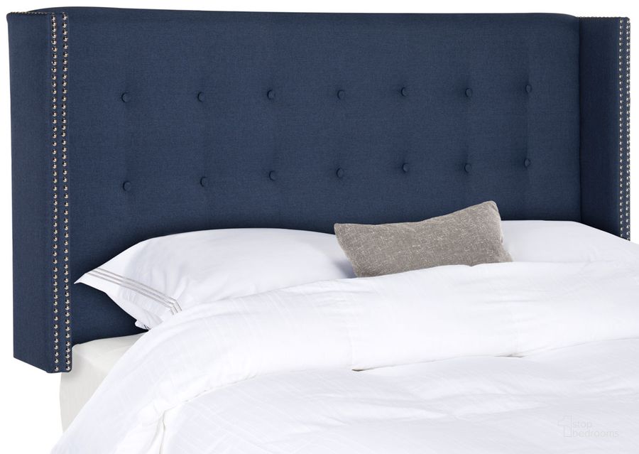 The appearance of Keegan Navy Linen Tufted Winged Full Headboard with Silver Nailhead Detail designed by Safavieh in the modern / contemporary interior design. This navy piece of furniture  was selected by 1StopBedrooms from Keegan Collection to add a touch of cosiness and style into your home. Sku: MCR4007E-F. Product Type: Headboard. Bed Size: Full. Material: Stainless Steel. Image1