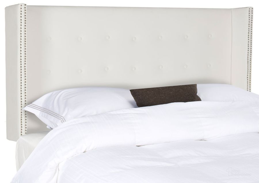 The appearance of Keegan White Full Velvet Tufted Winged Headboard with Silver Nailhead Detail designed by Safavieh in the modern / contemporary interior design. This white piece of furniture  was selected by 1StopBedrooms from Keegan Collection to add a touch of cosiness and style into your home. Sku: MCR4007H-F. Product Type: Headboard. Bed Size: Full. Material: Stainless Steel. Image1