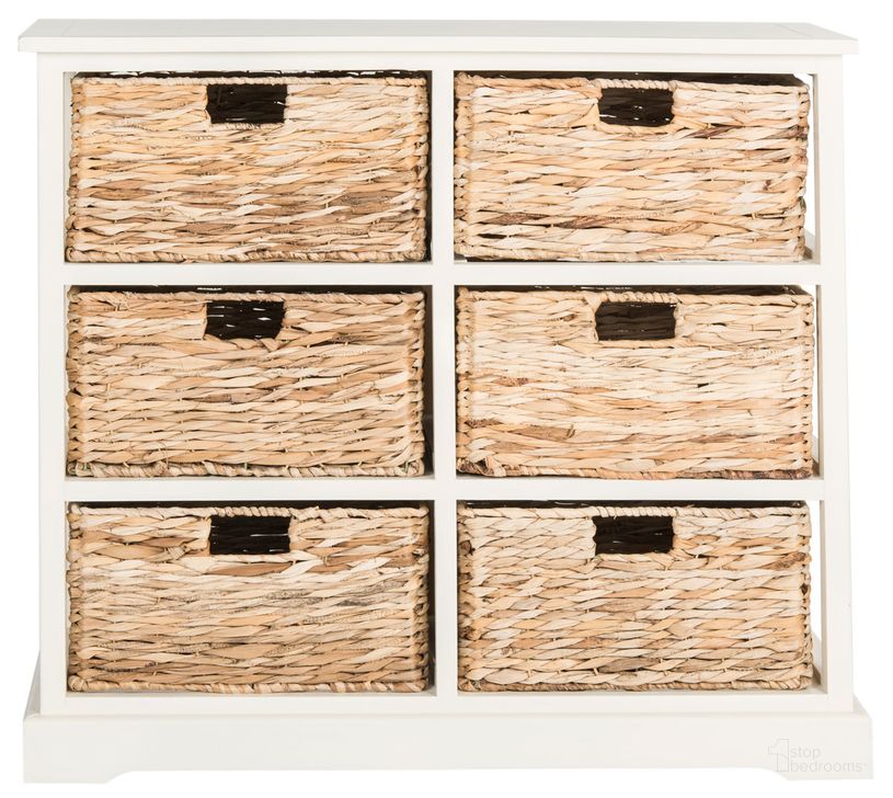 The appearance of Keenan Distressed White 6 Wicker Basket Storage Chest designed by Safavieh in the transitional interior design. This distressed white piece of furniture  was selected by 1StopBedrooms from Keenan Collection to add a touch of cosiness and style into your home. Sku: AMH5740B. Material: Wood. Product Type: Chest. Image1