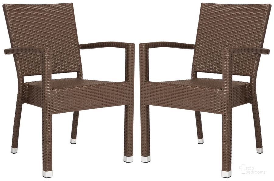 The appearance of Kelda Brown Stacking Arm Chair Set of 2 designed by Safavieh in the transitional interior design. This brown piece of furniture  was selected by 1StopBedrooms from Kelda Collection to add a touch of cosiness and style into your home. Sku: PAT4004B-SET2. Product Type: Arm Chair. Material: Aluminium. Image1