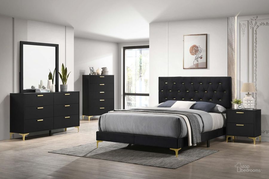 The appearance of Kendall Black And Gold Tufted Upholstered Panel Bedroom Set designed by Coaster in the glam interior design. This black piece of furniture  was selected by 1StopBedrooms from Kendall Collection to add a touch of cosiness and style into your home. Sku: 224451Q;224452. Product Type: Bedroom Set. Bed Size: Queen. Material: Iron. Image1