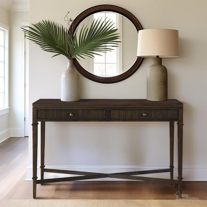 The appearance of Kenna Fluted 2 Drawer Storage Console Table In Brown designed by Olliix in the traditional interior design. This brown piece of furniture  was selected by 1StopBedrooms from Kenna Collection to add a touch of cosiness and style into your home. Sku: MT120-1191. Material: Wood. Product Type: Console Table. Image1