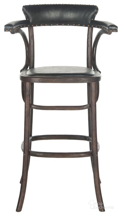 The appearance of Kenny Antique Black and Dark Umber Bar Stool with Brass Nailhead Detail designed by Safavieh in the industrial interior design. This antique black piece of furniture  was selected by 1StopBedrooms from Kenny Collection to add a touch of cosiness and style into your home. Sku: MCR4687A. Product Type: Barstool. Material: Stainless Steel. Image1