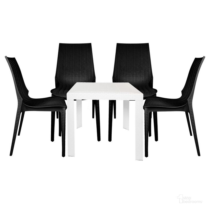 The appearance of Kent 5 Piece Outdoor Dining Set In White and Black designed by LeisureMod in the  interior design. This white/black piece of furniture  was selected by 1StopBedrooms from Kent Collection to add a touch of cosiness and style into your home. Sku: KC19BMT31W4. Material: Plastic. Product Type: Outdoor Dining Set. Image1