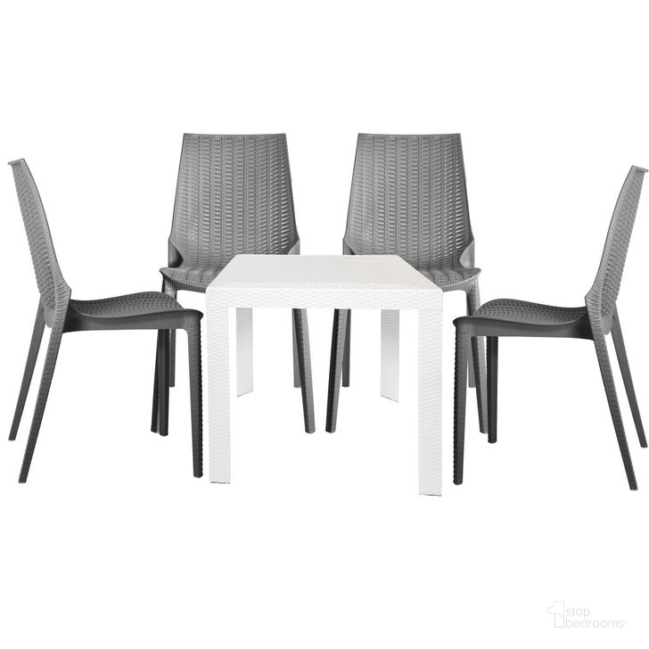 The appearance of Kent 5 Piece Outdoor Dining Set In White and Grey designed by LeisureMod in the  interior design. This white/grey piece of furniture  was selected by 1StopBedrooms from Kent Collection to add a touch of cosiness and style into your home. Sku: KC19GRMT31W4. Material: Plastic. Product Type: Outdoor Dining Set. Image1