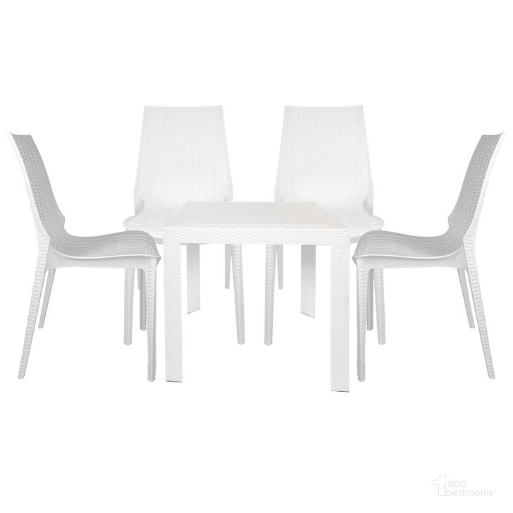The appearance of Kent 5 Piece Outdoor Dining Set In White designed by LeisureMod in the  interior design. This white piece of furniture  was selected by 1StopBedrooms from Kent Collection to add a touch of cosiness and style into your home. Sku: KC19MT31WH4. Material: Plastic. Product Type: Outdoor Dining Set. Image1