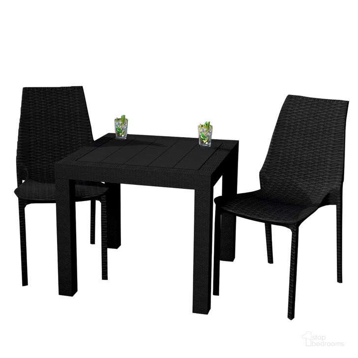 The appearance of Kent Outdoor Dining Set with 2 Chairs In Black designed by LeisureMod in the  interior design. This black piece of furniture  was selected by 1StopBedrooms from Kent Collection to add a touch of cosiness and style into your home. Sku: KC19MT31BL2. Material: Plastic. Product Type: Outdoor Dining Set. Image1