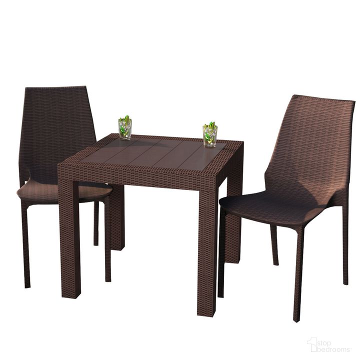 The appearance of Kent Outdoor Dining Set with 2 Chairs In Brown designed by LeisureMod in the  interior design. This brown piece of furniture  was selected by 1StopBedrooms from Kent Collection to add a touch of cosiness and style into your home. Sku: KC19MT31BR2. Material: Plastic. Product Type: Outdoor Dining Set. Image1