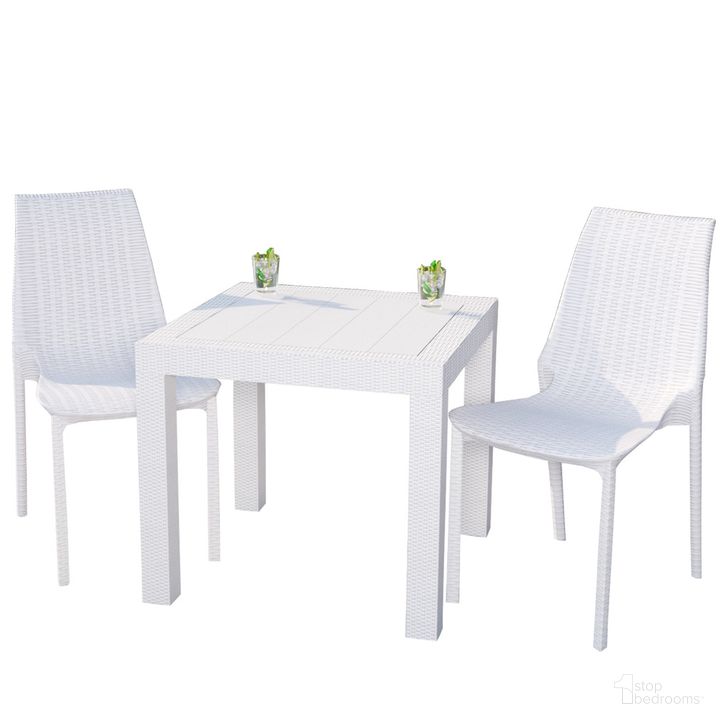 The appearance of Kent Outdoor Dining Set with 2 Chairs In White designed by LeisureMod in the  interior design. This white piece of furniture  was selected by 1StopBedrooms from Kent Collection to add a touch of cosiness and style into your home. Sku: KC19MT31WH2. Material: Plastic. Product Type: Outdoor Dining Set. Image1
