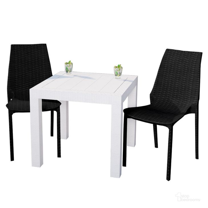 The appearance of Kent Outdoor Dining Set with Table and 2 Chairs In White and Black designed by LeisureMod in the  interior design. This white/black piece of furniture  was selected by 1StopBedrooms from Kent Collection to add a touch of cosiness and style into your home. Sku: KC19BMT31W2. Material: Plastic. Product Type: Outdoor Dining Set. Image1