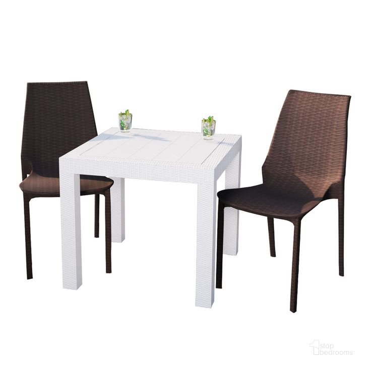 The appearance of Kent Outdoor Dining Set with Table and 2 Chairs In White and Brown designed by LeisureMod in the  interior design. This white/brown piece of furniture  was selected by 1StopBedrooms from Kent Collection to add a touch of cosiness and style into your home. Sku: KC19BRMT31W2. Material: Plastic. Product Type: Outdoor Dining Set. Image1