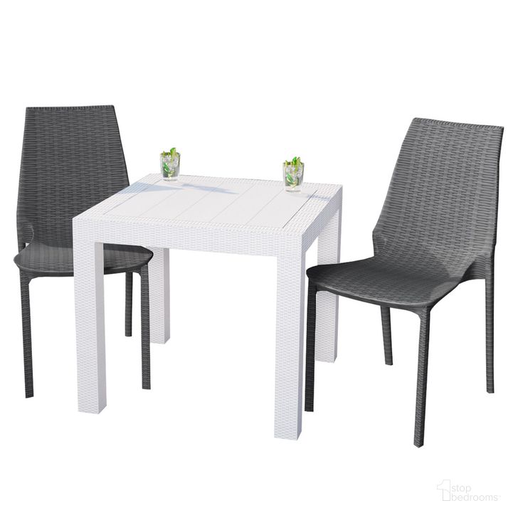 The appearance of Kent Outdoor Dining Set with Table and 2 Chairs In White and Grey designed by LeisureMod in the  interior design. This white/grey piece of furniture  was selected by 1StopBedrooms from Kent Collection to add a touch of cosiness and style into your home. Sku: KC19GRMT31W2. Material: Plastic. Product Type: Outdoor Dining Set. Image1