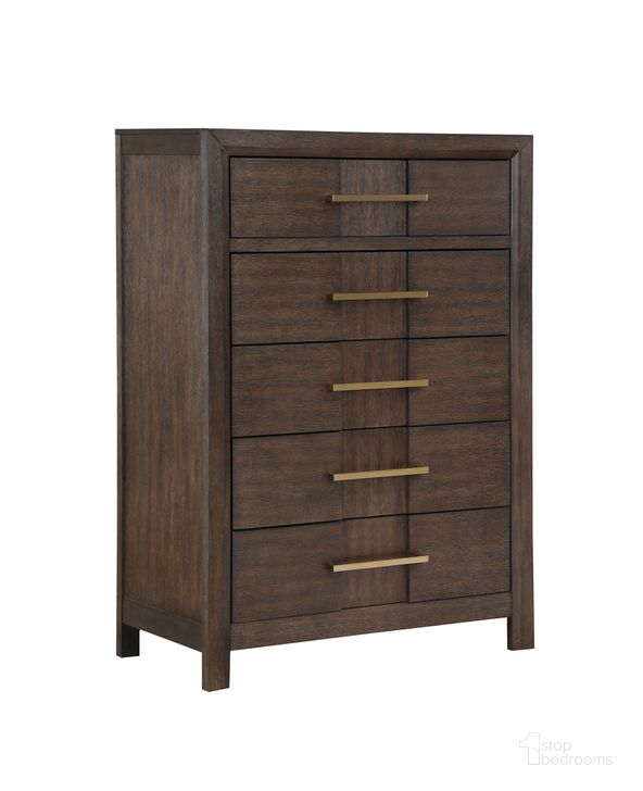 The appearance of Kenzo 5 Drawer Chest In Walnut designed by Galaxy Home Furnishings in the modern / contemporary interior design. This walnut piece of furniture  was selected by 1StopBedrooms from Kenzo Collection to add a touch of cosiness and style into your home. Sku: 698781036174. Material: Wood. Product Type: Chest. Image1