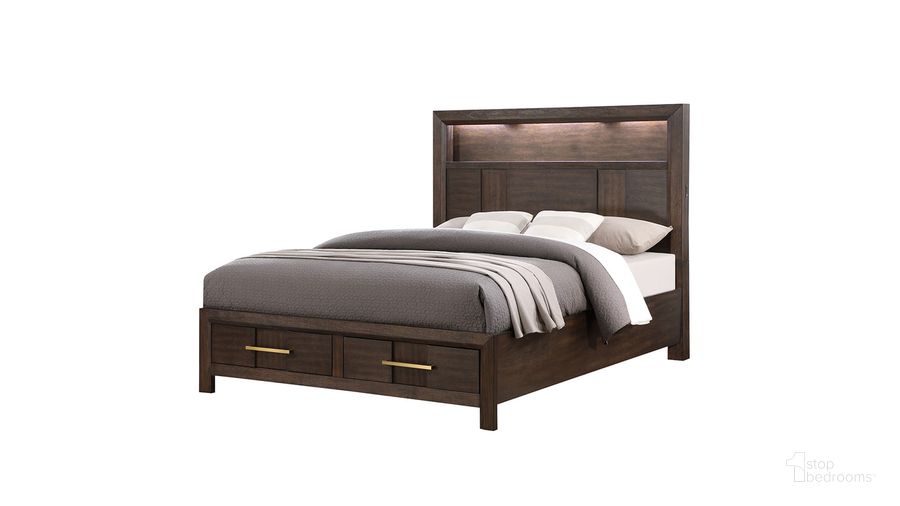 The appearance of Kenzo Queen Bed with LED Headboard and Bookshelf In Walnut designed by Galaxy Home Furnishings in the modern / contemporary interior design. This walnut piece of furniture  was selected by 1StopBedrooms from Kenzo Collection to add a touch of cosiness and style into your home. Sku: 698781146859. Bed Type: Bookcase Bed. Material: Wood. Product Type: Bookcase Bed. Bed Size: Queen. Image1