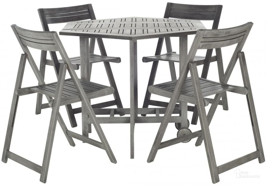 The appearance of Kerman Gray Wash 4-Piece Dining Set designed by Safavieh in the transitional interior design. This grey piece of furniture  was selected by 1StopBedrooms from Kerman Collection to add a touch of cosiness and style into your home. Sku: PAT7000B. Material: Steel. Product Type: Outdoor Conversation Set. Image1