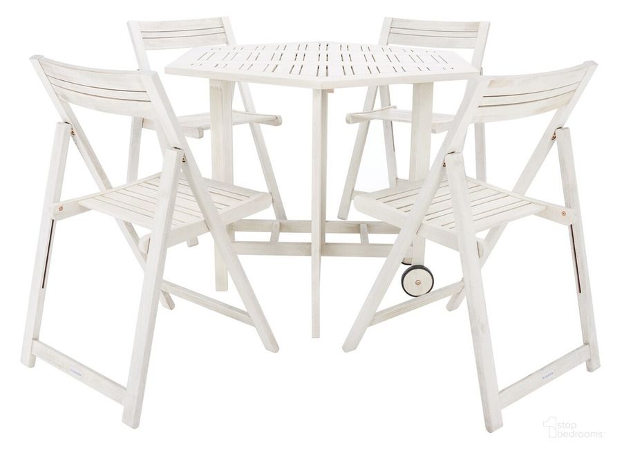 The appearance of Kerman Table and 4 Chairs in White designed by Safavieh in the modern / contemporary interior design. This white piece of furniture  was selected by 1StopBedrooms from Kerman Collection to add a touch of cosiness and style into your home. Sku: PAT7000D. Material: Wood. Product Type: Outdoor Set. Image1