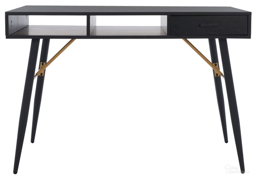 The appearance of Kerrigan 1 Drawer Wood Desk in Black designed by Safavieh in the transitional interior design. This black piece of furniture  was selected by 1StopBedrooms from Kerrigan Collection to add a touch of cosiness and style into your home. Sku: DSK5802A. Material: Wood. Product Type: Desk. Image1