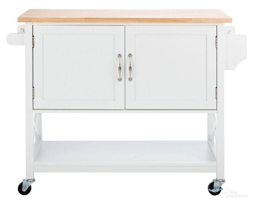 The appearance of Kesler 2 Door 1 Shelf Kitchen Cart in White and Natural designed by Safavieh in the country / farmhouse interior design. This white and natural piece of furniture  was selected by 1StopBedrooms from Kesler Collection to add a touch of cosiness and style into your home. Sku: KCH8705A. Material: Wood. Product Type: Kitchen Cart. Image1