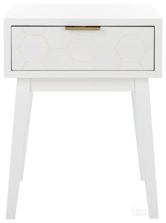 The appearance of Keya 1 Drawer Accent Table in White designed by Safavieh in the modern / contemporary interior design. This white piece of furniture  was selected by 1StopBedrooms from Keya Collection to add a touch of cosiness and style into your home. Sku: ACC6601A. Material: Wood. Product Type: Accent Table. Image1