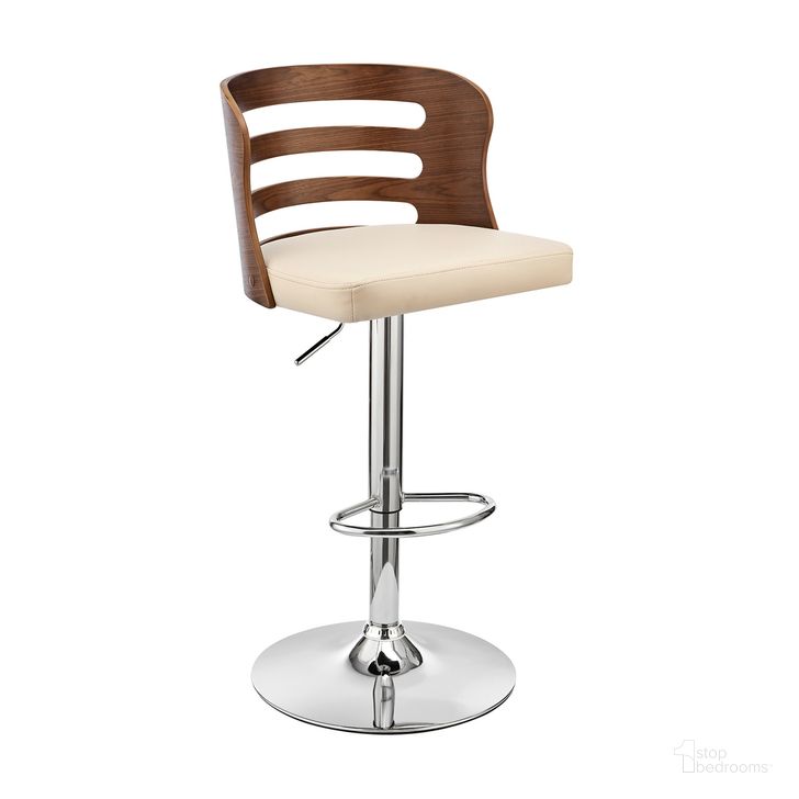 The appearance of Khalia Adjustable Swivel Cream Faux Leather and Walnut Wood Bar Stool with Chrome Base designed by Armen Living in the transitional interior design. This cream piece of furniture  was selected by 1StopBedrooms from Khalia Collection to add a touch of cosiness and style into your home. Sku: LCKHBAWACR. Product Type: Barstool. Material: Poplar. Image1
