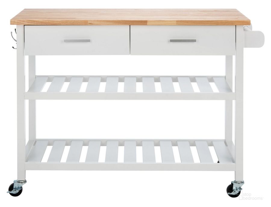The appearance of Kiko 2 Drawer 2 Shelf Kitchen Cart in White and Natural designed by Safavieh in the country / farmhouse interior design. This white and natural piece of furniture  was selected by 1StopBedrooms from Kiko Collection to add a touch of cosiness and style into your home. Sku: KCH8704A. Material: Wood. Product Type: Kitchen Cart. Image1