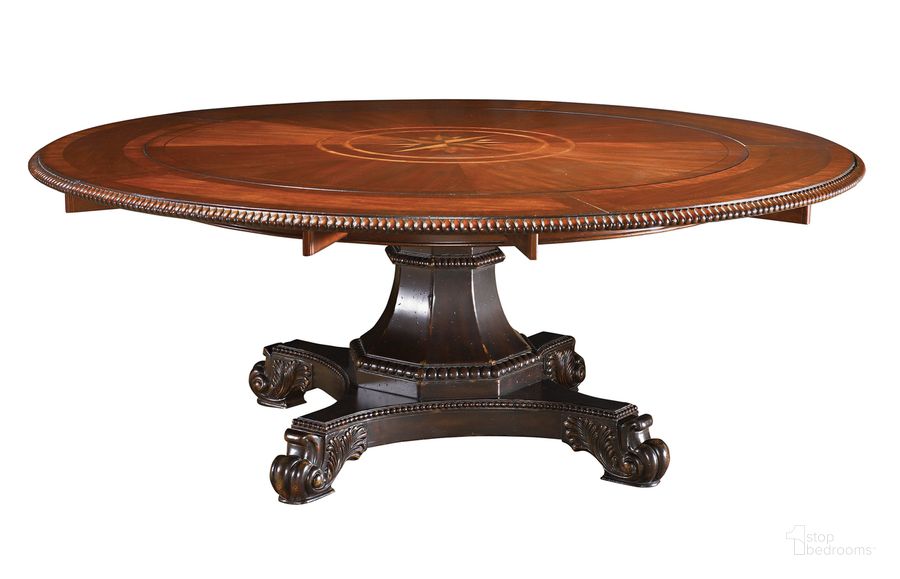 The appearance of Kingstown Burnished Brown Cassis Bonaire Round Extendable Dining Table designed by Tommy Bahama in the traditional interior design. This brown piece of furniture  was selected by 1StopBedrooms from Kingstown Collection to add a touch of cosiness and style into your home. Sku: 01-0621-870C. Table Base Style: Pedestal. Table Top Shape: Round. Material: Leather. Product Type: Dining Table. Size: 60". Image1