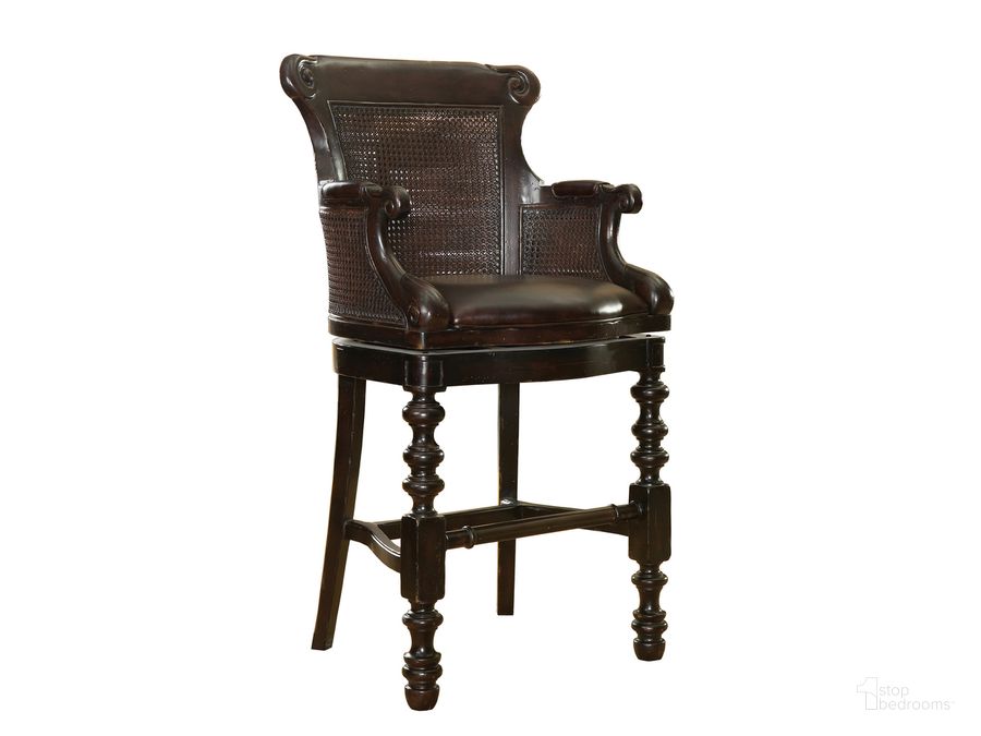 The appearance of Kingstown Rich Tamarind Dunkirk Swivel Bar Stool designed by Tommy Bahama in the traditional interior design. This brown piece of furniture  was selected by 1StopBedrooms from Kingstown Collection to add a touch of cosiness and style into your home. Sku: 01-0619-816-01. Material: Leather. Product Type: Barstool. Image1