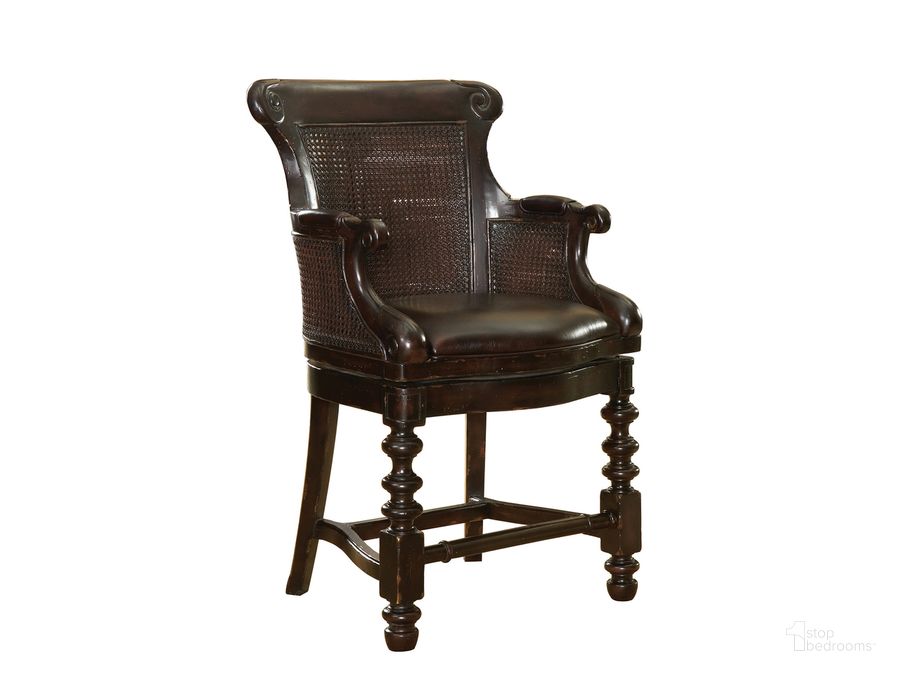 The appearance of Kingstown Rich Tamarind Dunkirk Swivel Counter Stool designed by Tommy Bahama in the traditional interior design. This brown piece of furniture  was selected by 1StopBedrooms from Kingstown Collection to add a touch of cosiness and style into your home. Sku: 01-0619-815-01. Material: Leather. Product Type: Barstool. Image1