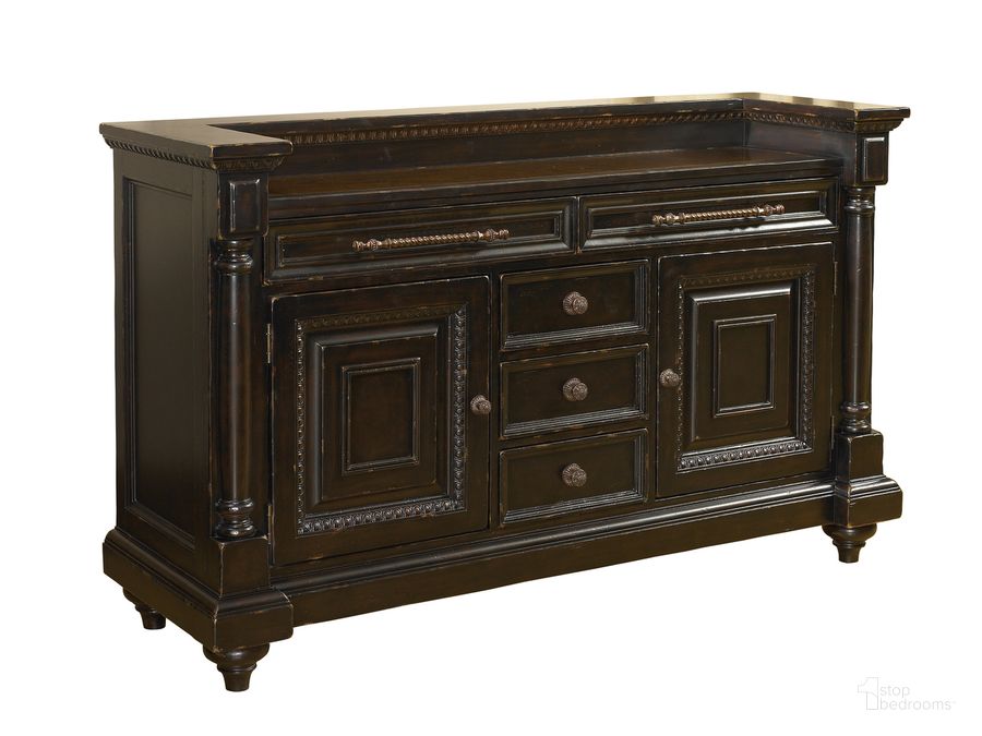 The appearance of Kingstown Rich Tamarind Maldive Buffet designed by Tommy Bahama in the traditional interior design. This brown piece of furniture  was selected by 1StopBedrooms from Kingstown Collection to add a touch of cosiness and style into your home. Sku: 01-0619-852. Material: Leather. Product Type: Buffets, Sideboards and Server. Image1