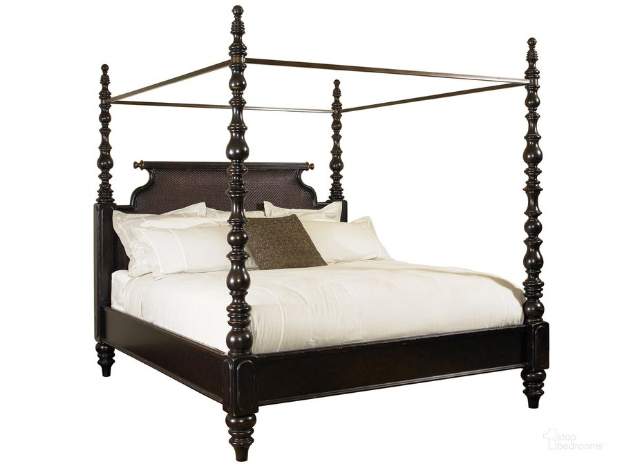 The appearance of Kingstown Rich Tamarind Sovereign Cal. King Canopy Poster Bed designed by Tommy Bahama in the traditional interior design. This brown piece of furniture  was selected by 1StopBedrooms from Kingstown Collection to add a touch of cosiness and style into your home. Sku: 01-0619-175C. Bed Type: Canopy Bed. Material: Leather. Product Type: Canopy Bed. Bed Size: California King. Image1