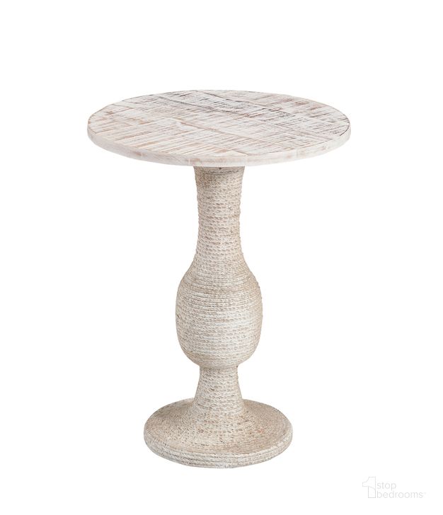 The appearance of Kinney 18 Inch Round End Table with Rope Wrapped Base In Whitewash designed by Martin Svensson Home in the coastal interior design. This white wash piece of furniture  was selected by 1StopBedrooms from Kinney Collection to add a touch of cosiness and style into your home. Sku: 3706418. Material: Wood. Product Type: End Table. Image1