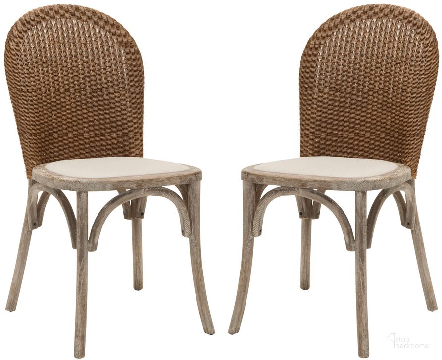 The appearance of Kioni Taupe and Pickled Oak Rattan Side Chair Set of 2 designed by Safavieh in the modern / contemporary interior design. This taupe piece of furniture  was selected by 1StopBedrooms from Safavieh MCR Collection to add a touch of cosiness and style into your home. Sku: MCR4599A-SET2. Material: Wood. Product Type: Dining Chair. Image1
