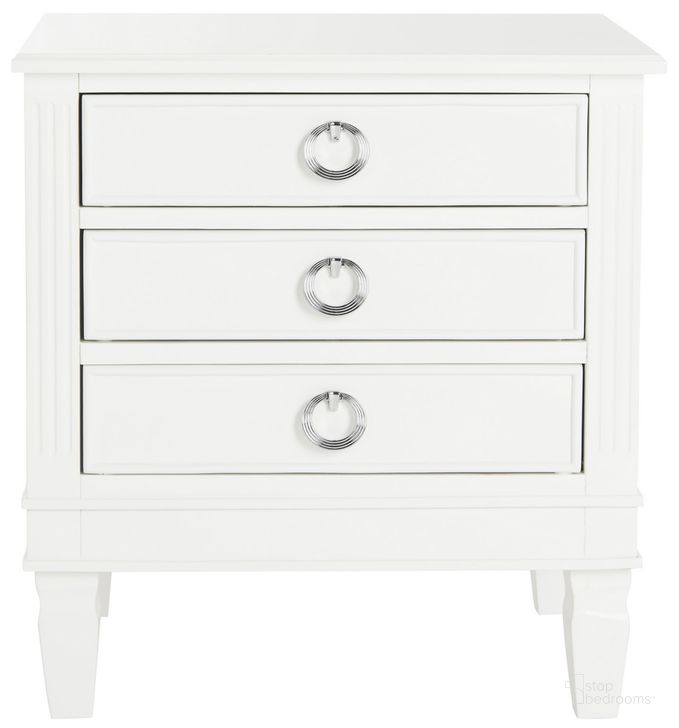 The appearance of Kira White 3-Drawer Nightstand designed by Safavieh in the modern / contemporary interior design. This white piece of furniture  was selected by 1StopBedrooms from Kira Collection to add a touch of cosiness and style into your home. Sku: FOX6276A. Product Type: Nightstand. Material: Iron. Image1