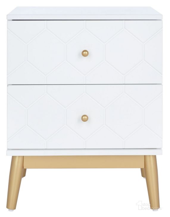 The appearance of Kit 2 Drawer Patterned Night Stand in White and Gold designed by Safavieh in the transitional interior design. This white and gold piece of furniture  was selected by 1StopBedrooms from Kit Collection to add a touch of cosiness and style into your home. Sku: NST5010A. Material: Wood. Product Type: Nightstand. Image1