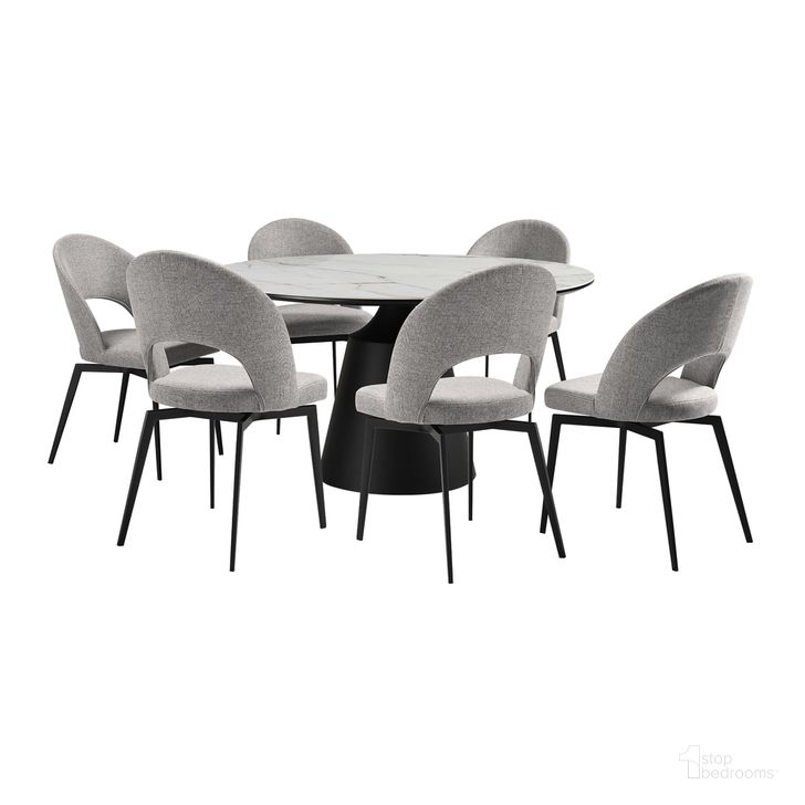 The appearance of Knox Lucia 7 Piece Dining Set In Gray designed by Armen Living in the modern / contemporary interior design. This gray piece of furniture  was selected by 1StopBedrooms from Knox Collection to add a touch of cosiness and style into your home. Sku: LCLUSIGRYBLK;LCLUSIGRYBLK;LCLUSIGRYBLK;LCKNDIBLKSRTOP;LCKNDIBLKSRPA;LCKNDIBLKSRBA. Product Type: Dining Room Set. Material: MDF. Image1
