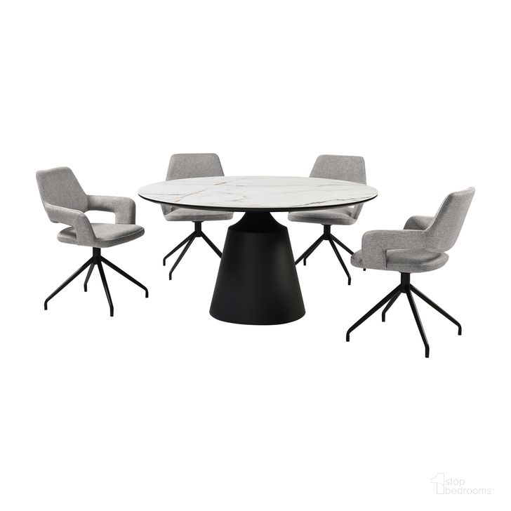 The appearance of Knox Penny 5 Piece Dining Set with Stone Top and Upholstered Swivel Chairs In Gray designed by Armen Living in the modern / contemporary interior design. This gray piece of furniture  was selected by 1StopBedrooms from Knox Collection to add a touch of cosiness and style into your home. Sku: LCPESIGRYBLK;LCPESIGRYBLK;LCKNDIBLKSRTOP;LCKNDIBLKSRPA;LCKNDIBLKSRBA. Product Type: Dining Room Set. Material: MDF. Image1