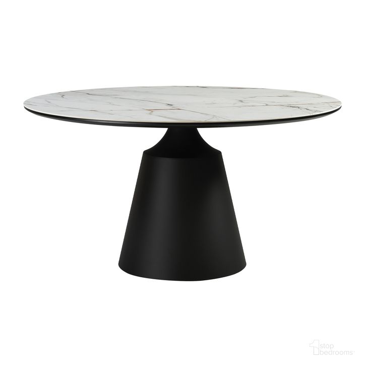 The appearance of Knox Round Dining Table with Stone Top In Gray designed by Armen Living in the modern / contemporary interior design. This gray piece of furniture  was selected by 1StopBedrooms from Knox Collection to add a touch of cosiness and style into your home. Sku: LCKNDIBLKSRTOP;LCKNDIBLKSRPA;LCKNDIBLKSRBA. Table Base Style: Pedestal. Table Top Shape: Round. Product Type: Dining Table. Material: MDF. Size: 55". Image1
