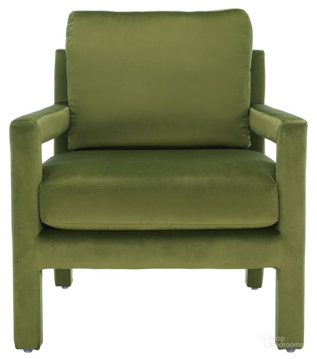 The appearance of Kye Accent Chair in Olive Green designed by Safavieh in the modern / contemporary interior design. This olive green piece of furniture  was selected by 1StopBedrooms from Kye Collection to add a touch of cosiness and style into your home. Sku: ACH1301B. Material: Wood. Product Type: Accent Chair. Image1