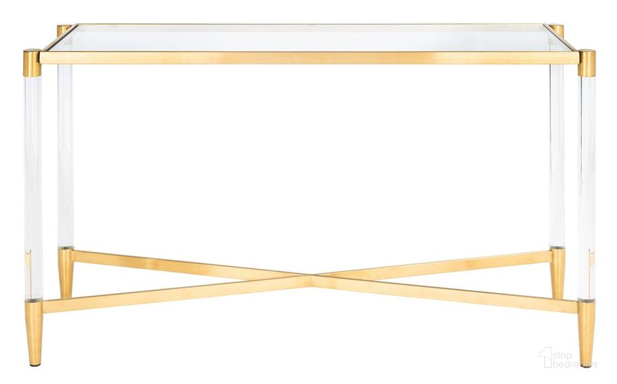 The appearance of Kyla Acrylic Console Table In Gold designed by Safavieh Couture in the modern / contemporary interior design. This gold piece of furniture  was selected by 1StopBedrooms from Kyla Collection to add a touch of cosiness and style into your home. Sku: SFV2543A. Product Type: Console Table. Material: Stainless Steel. Image1