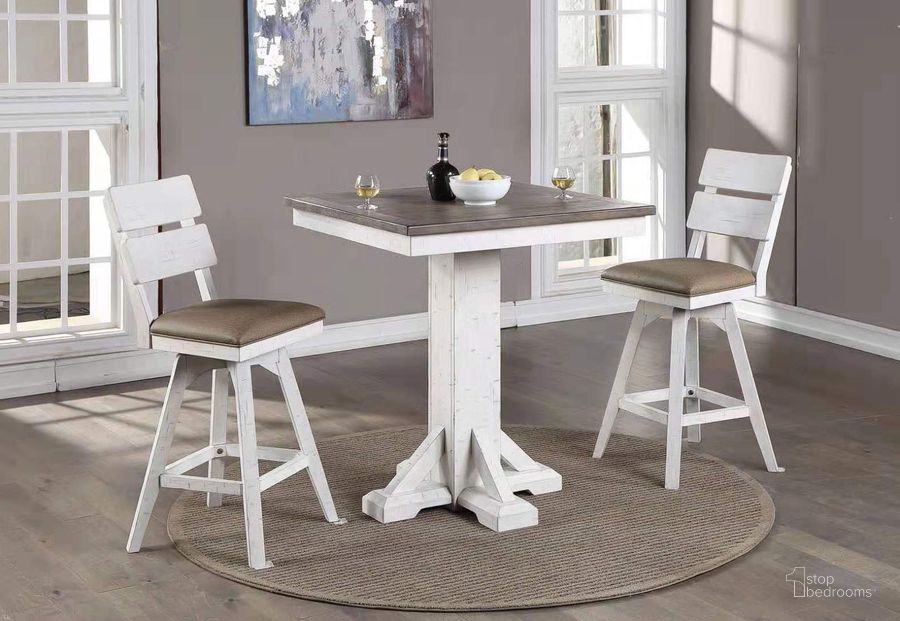 The appearance of La Sierra Grey And White Bar Height Square Pub Table Set designed by ECI in the transitional interior design. This gray and white piece of furniture  was selected by 1StopBedrooms from La Sierra Collection to add a touch of cosiness and style into your home. Sku: 1164-22-BPT;1164-22-BPB;1164-22-BS1. Material: Wood. Product Type: Bistro & Pub Set. Image1