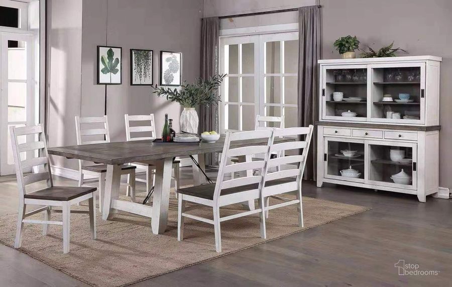 The appearance of La Sierra Grey And White Trestle Extendable Dining Room Set designed by ECI in the transitional interior design. This gray and white piece of furniture  was selected by 1StopBedrooms from La Sierra Collection to add a touch of cosiness and style into your home. Sku: 1164-22-TRT;1164-22-TRB;1164-22-S1. Material: Wood. Product Type: Dining Room Set. Image1