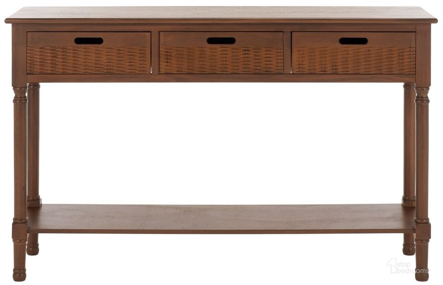 The appearance of Landers 3 Drawer Console in Brown designed by Safavieh in the modern / contemporary interior design. This brown piece of furniture  was selected by 1StopBedrooms from Landers Collection to add a touch of cosiness and style into your home. Sku: CNS5711C. Material: Wood. Product Type: Console. Image1