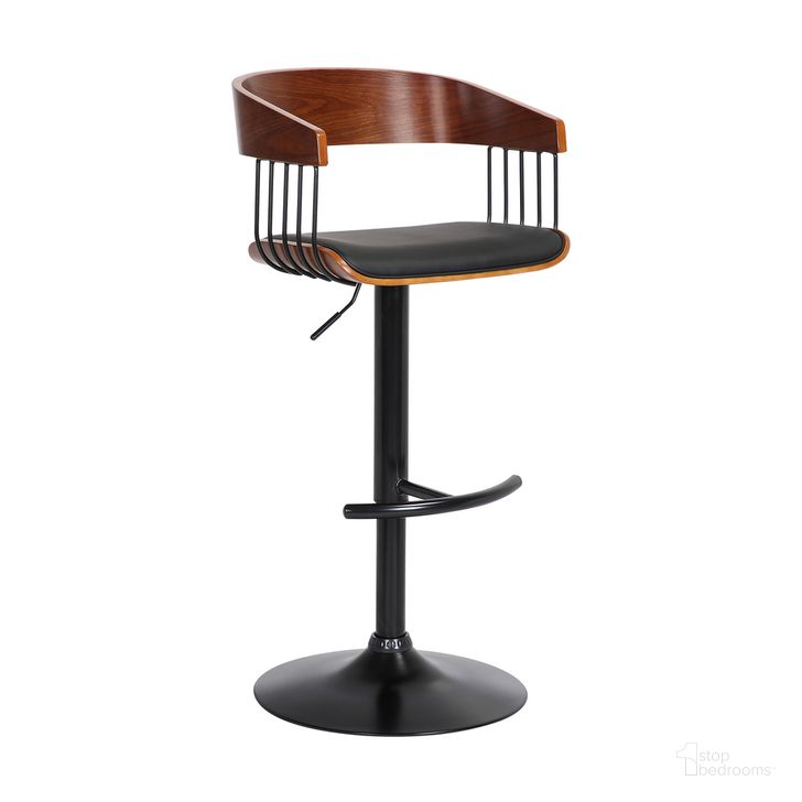 The appearance of Larisa Adjustable Walnut Wood Bar Stool In Black Faux Leather with Black Metal designed by Armen Living in the modern / contemporary interior design. This brown/black piece of furniture  was selected by 1StopBedrooms from Larisa Collection to add a touch of cosiness and style into your home. Sku: LCLABAWABLK. Material: Faux Leather. Product Type: Barstool. Image1